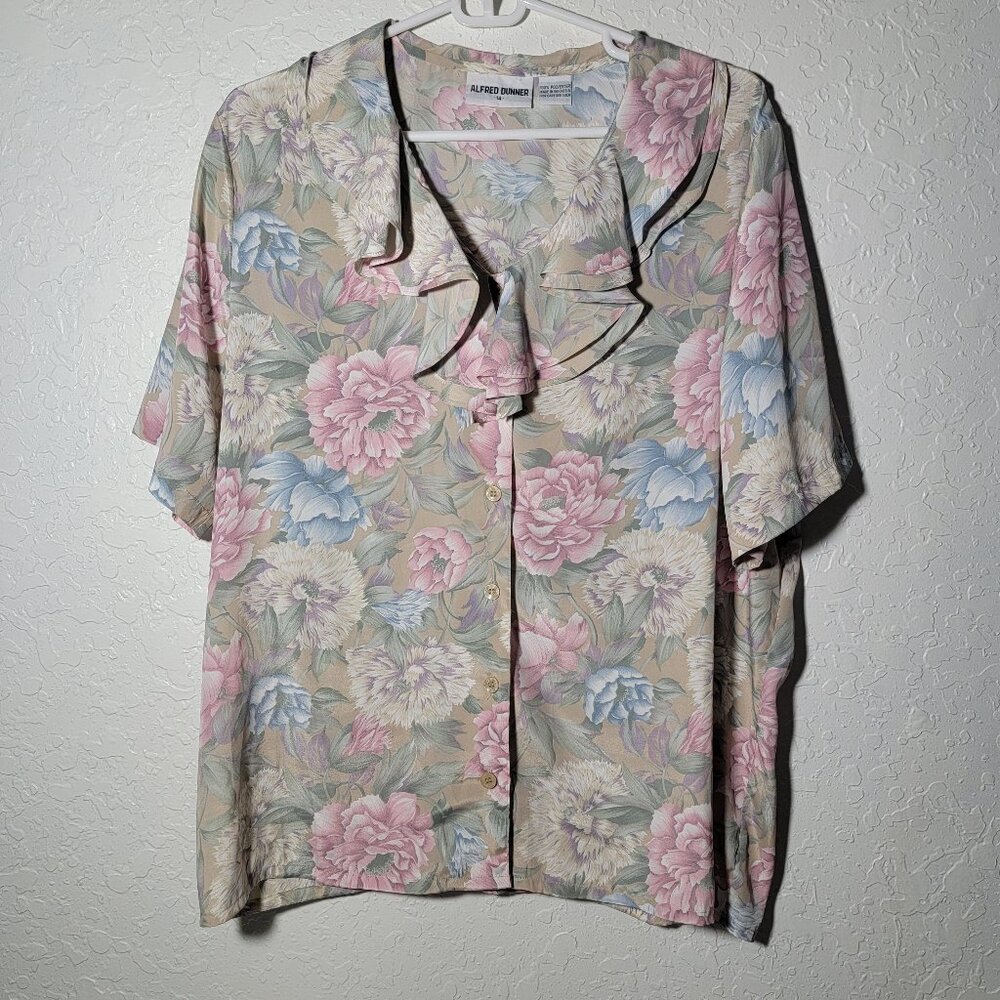 ALFRED DUNNER Womens 14 Muted Pink Green Blue Button Up Ruffle Granny Blouse Top
